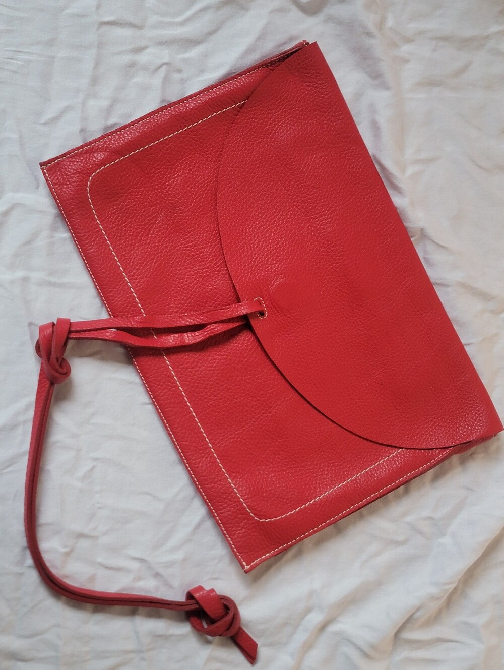 Zara Genuine Leather Envelope Wrap Clutch Bag Red Pebbled Leather White Stitch